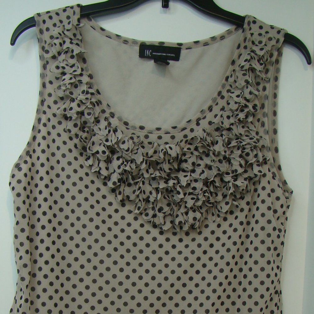 INC International Concepts Woman Blouse Sleeveless XL Black  Tan Polka Dot Shirt